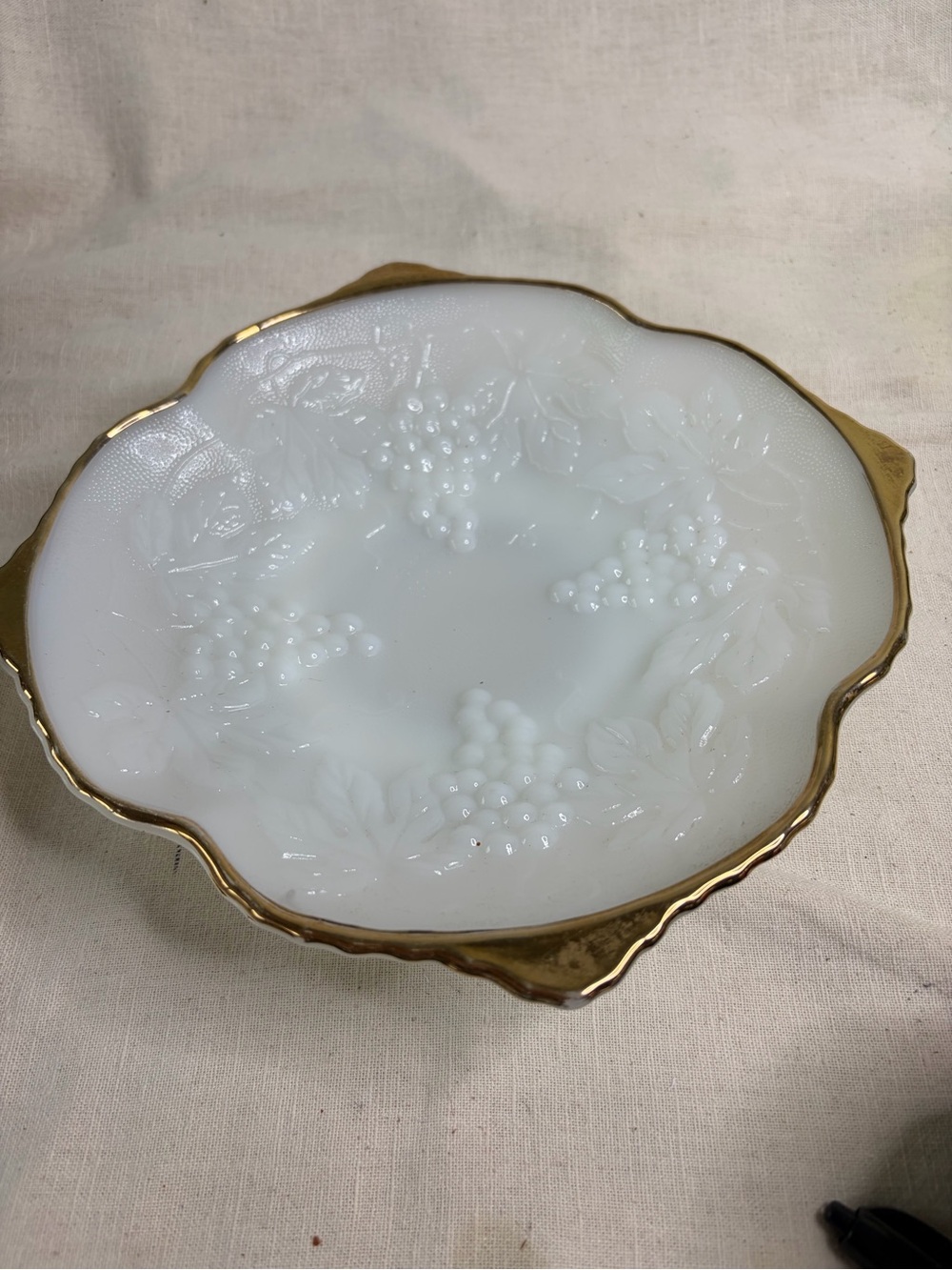 Milk Glass Serving Bowl with Gold Rim - White